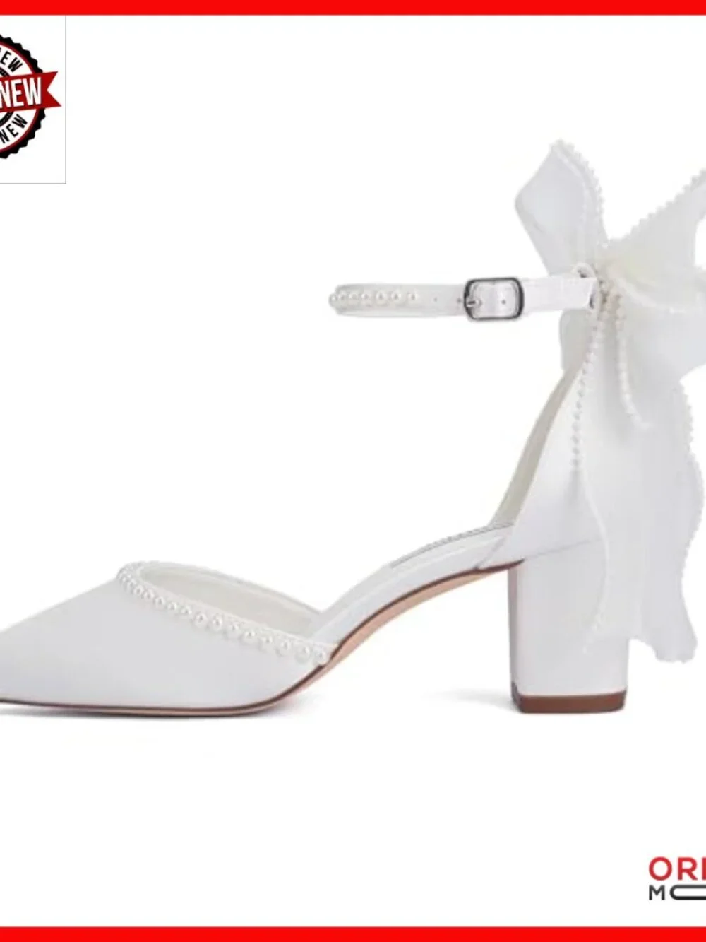 White Satin Block Heel Wedding Pumps with Pearl Ankle Strap and Bow